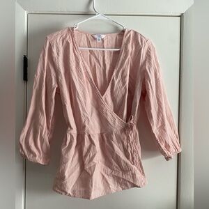 Blush Pink Wrap-Style Cotton Blouse with 3/4 Sleeves